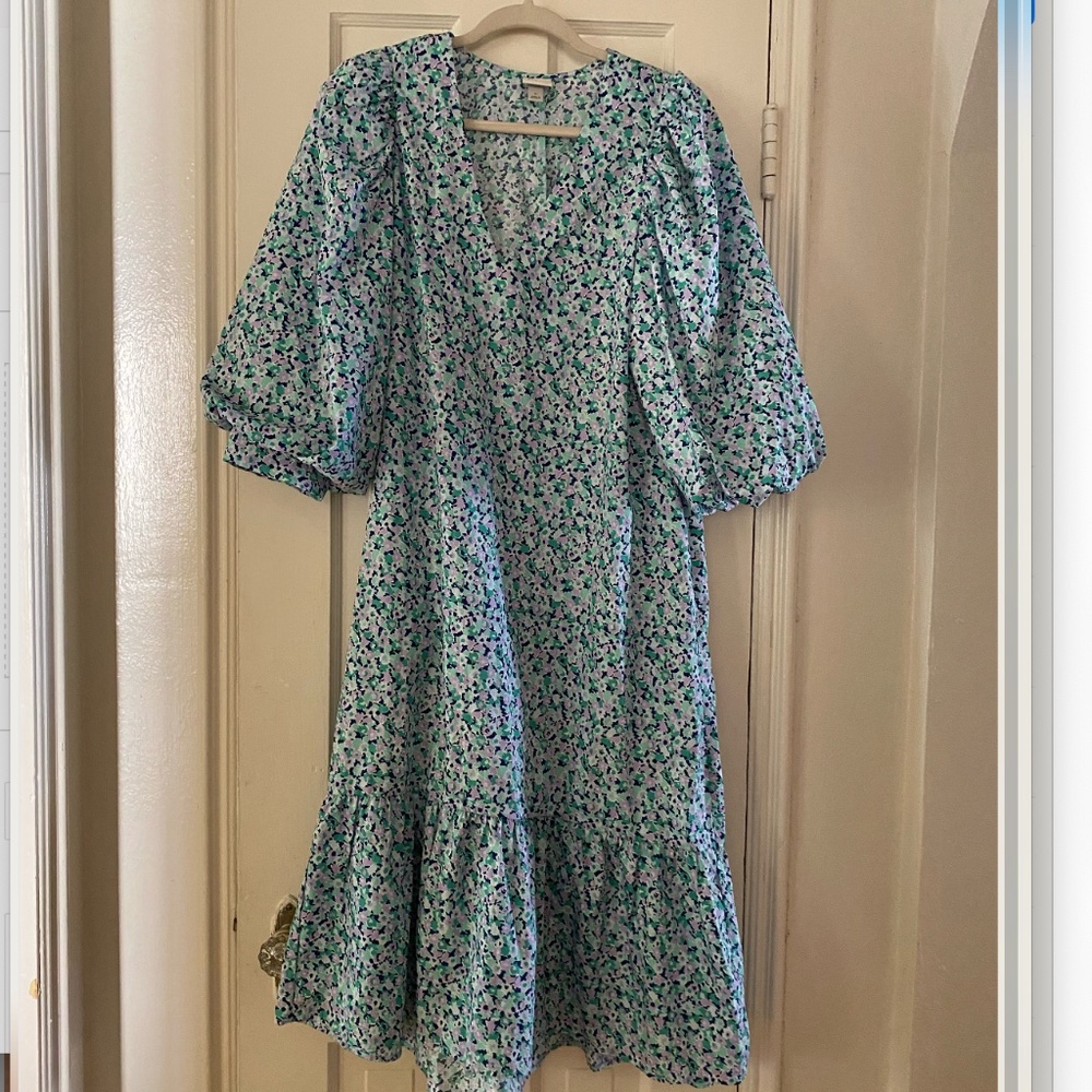 Midi High-Low Floral Balloon Puff Sleeve Ruffle Hem Dress Spring Dress Sz M